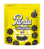 A 250g yellow bag of Panda Filled Licorice by Panda, featuring flower designs and containing Finnish licorice pieces with strawberry, toffee, chocolate, and banana fillings.