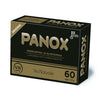 A black and gold box labeled Panox Original with Finnish text, from Via Naturale, contains 60 L-arginine zinc tablets and is marketed as a natural testosterone-boosting dietary supplement featuring key herbal ingredients.