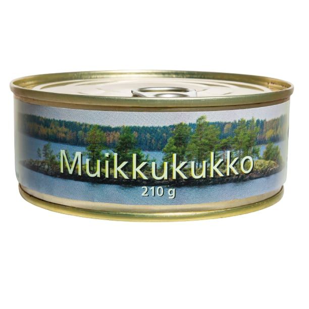 A round tin labeled Pielisen Kala Finnish Fish Pasty 210 g, decorated with a scenic lake and forested island, contains this traditional delicacy from the brand Pielisen Kala.