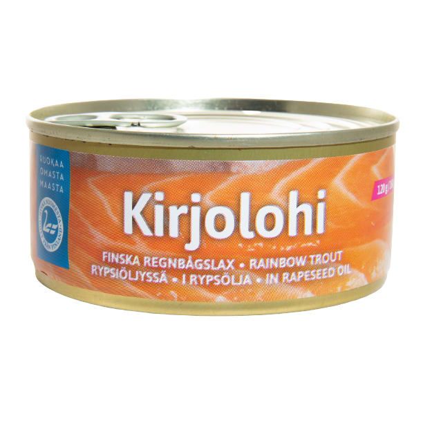 A can of Pielisen Kala Rainbow Trout In Rapeseed Oil by Pielisen Kala, showing a pink-orange rainbow trout on the label with Finnish, Swedish, and English text. Features a pull-tab lid.