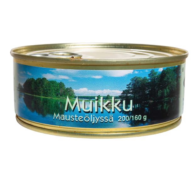 A round tin can with a pull-tab lid labeled Pielisen Kala Vendace On Seasoned Oil 200/160g. The label shows a lake scene, highlighting traditional vendace by Pielisen Kala in oil seasoned with dill, paprika, and onion for extra flavor.