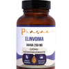 A brown bottle labeled “Pinena Stimulate” by Pinena with “Luomu-männynkuoriuute”, icons for panax ginseng and primavie shilajit, highlights pine bark extract for hormonal balance, set on a white background with purple waves.