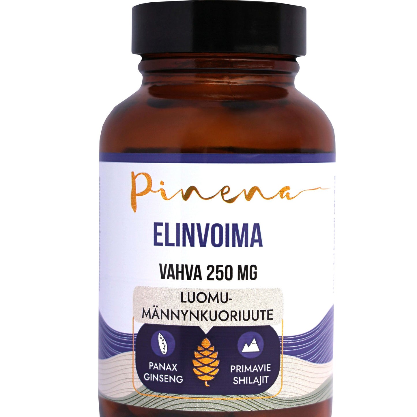 A brown bottle labeled “Pinena Stimulate” by Pinena with “Luomu-männynkuoriuute”, icons for panax ginseng and primavie shilajit, highlights pine bark extract for hormonal balance, set on a white background with purple waves.