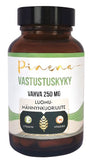 A brown glass bottle labeled “Pinena Immunity” by Pinena, containing organic pine bark extract, an antioxidant supplement with vitamin E and vitamin C icons on the label.