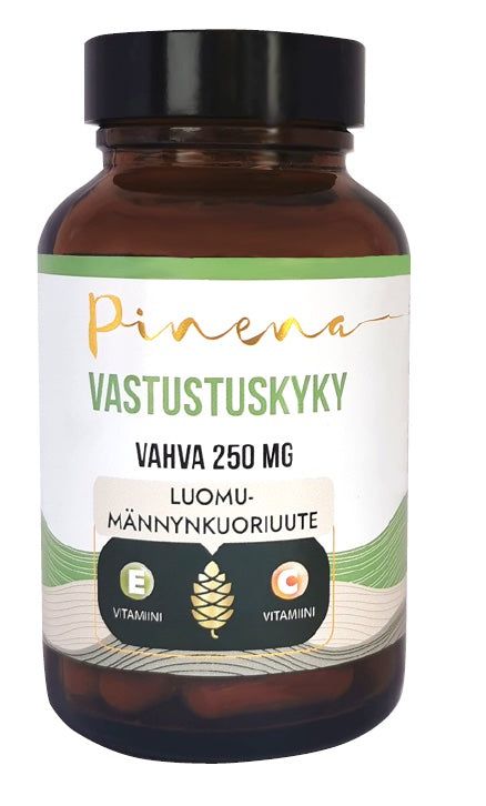 A brown glass bottle labeled “Pinena Immunity” by Pinena, containing organic pine bark extract, an antioxidant supplement with vitamin E and vitamin C icons on the label.