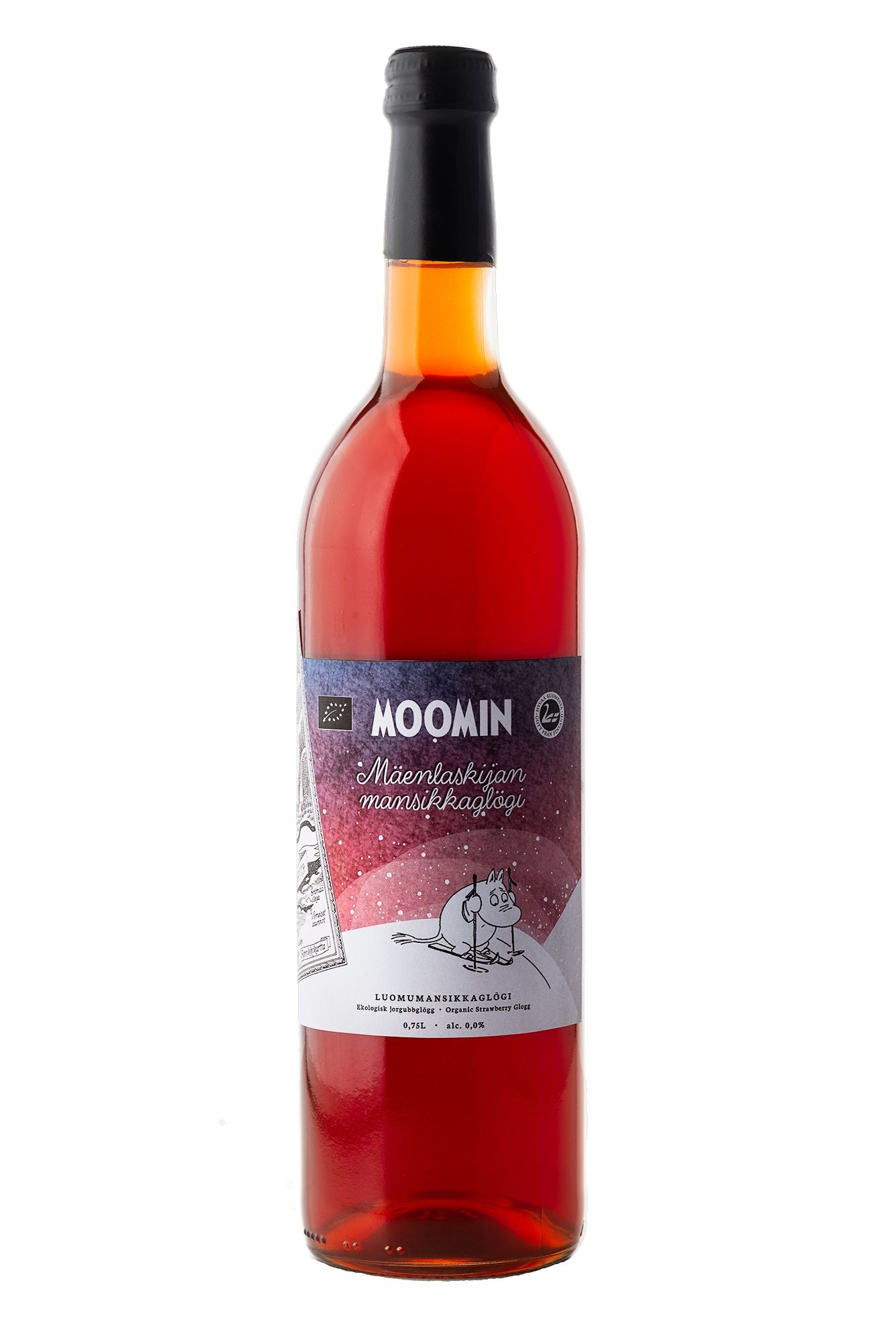 A bottle of Poikain Parhaat Organic Moomin Strawberry Glogg with red liquid, black cap, and Finnish text features a Moomin character in a snowy landscape. The bottle is displayed on a white background.