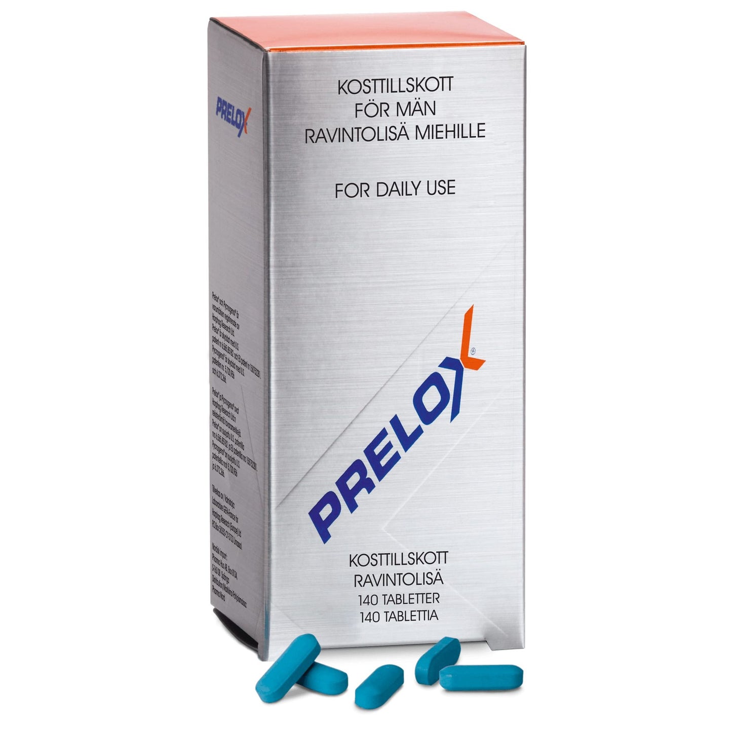 A box of Prelox - Arginine, Taurine and Pycnogenol by Pharma Nord with blue tablets in front. Multilingual packaging highlights Pycnogenol for men's daily use and contains 140 tablets.