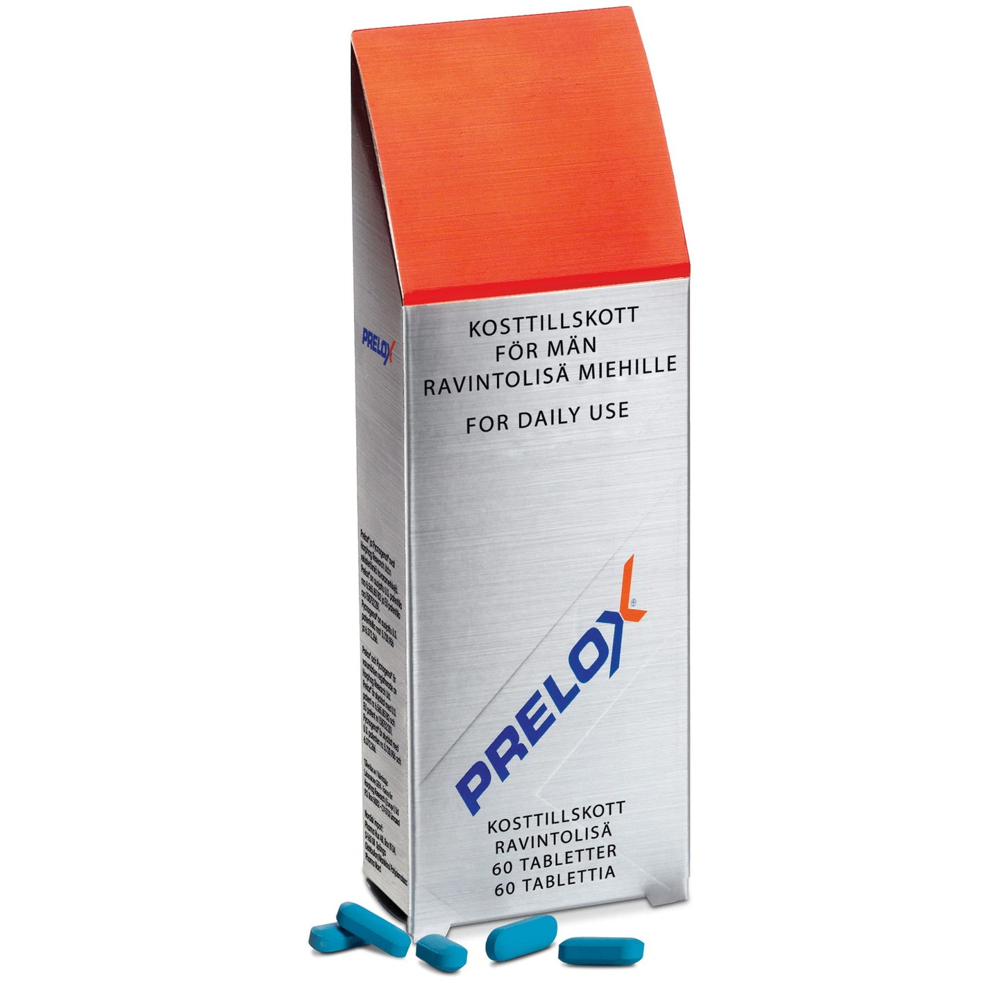A silver and orange box labeled Prelox - Arginine, Taurine and Pycnogenol by Pharma Nord stands upright with blue tablets and several loose pills in front, indicating 60 dietary tablets formulated as a male supplement.