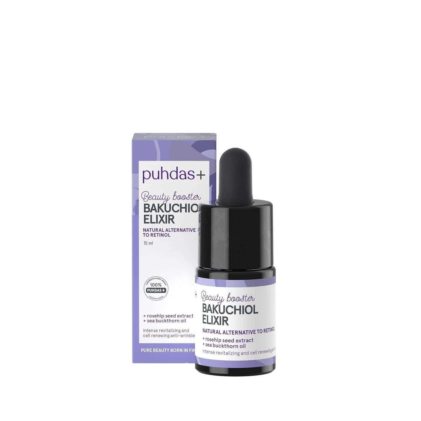 A small bottle of Puhdas+ Bakuchiol Beauty Booster Elixir with a dropper is displayed in front of its purple and white box, labeled as an anti-wrinkle elixir and natural retinol alternative from Puhdas+.