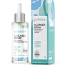 A bottle of Puhdas+ Collagen Serum from Puhdas+ with a dropper is shown beside its decorative box. The pastel packaging features key ingredients and displays product details in English and Finnish.