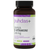 A dark brown bottle labeled Puhdas+ Vitamin E 268 mg, with purple and green accents, contains 60 capsules of natural vitamin E supplement for antioxidant support. Most of the text is in Finnish. Brand: Puhdas+.