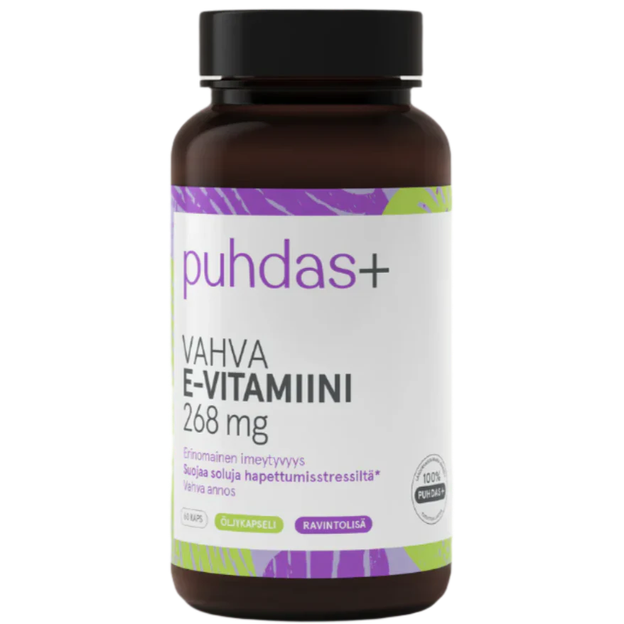 A dark brown bottle labeled Puhdas+ Vitamin E 268 mg, with purple and green accents, contains 60 capsules of natural vitamin E supplement for antioxidant support. Most of the text is in Finnish. Brand: Puhdas+.