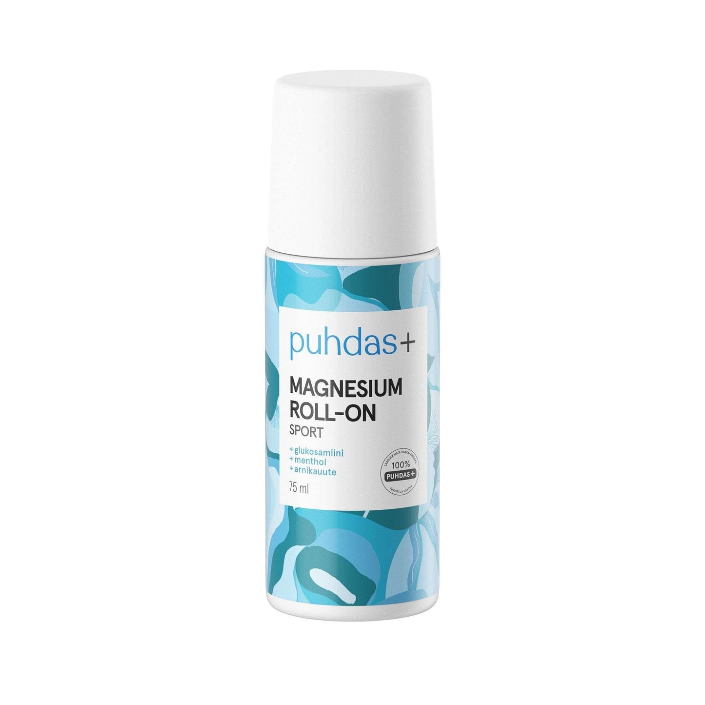 A white and blue Puhdas+ Magnesium Sport Roll-On (75 ml) with abstract patterns, designed for muscle and joint pain relief and recovery. The label highlights it’s for sport use and contains 100% magnesium.