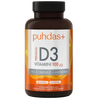 A brown plastic bottle of puhdas+ Premium D3 Vitamiini 100 mikrog with a black cap and an orange and white label, isolated on a white background.