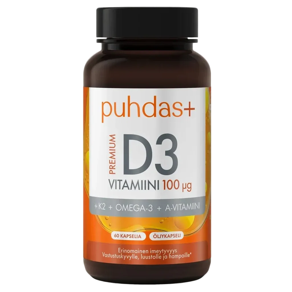 A bottle of puhdas+ Premium D3 Vitamin 100 mikrog dietary supplement. The product is in a dark amber brown bottle with a black cap, featuring a white, orange, and gray label with Finnish text.