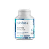 A bottle of Puhdas+ Quattro Magnesium Capsules with a white and blue label features Finnish product info, magnesium content, and vegan certification—ideal for athletes—on a white background. Brand: Puhdas+.