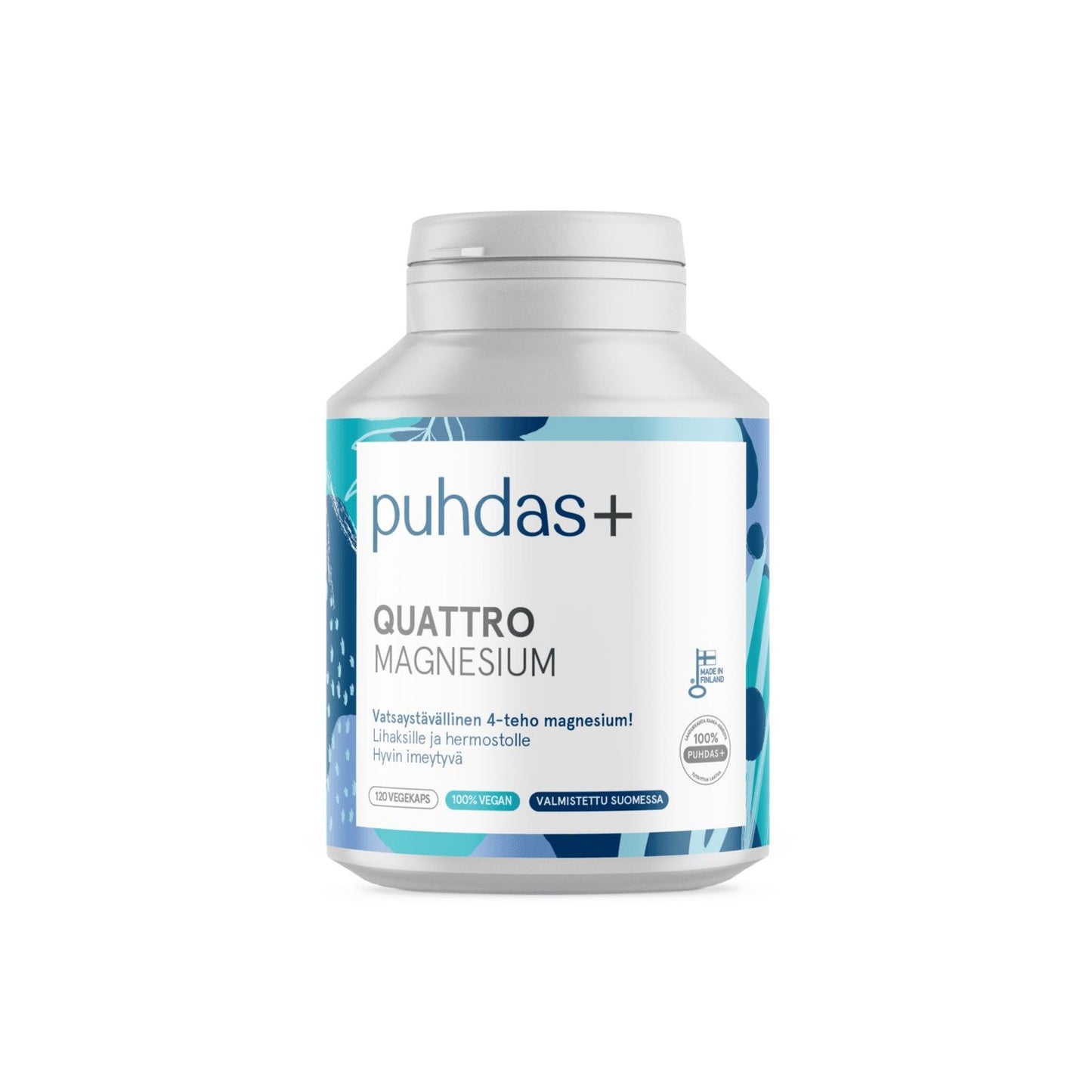 A bottle of Puhdas+ Quattro Magnesium Capsules with a white and blue label features Finnish product info, magnesium content, and vegan certification—ideal for athletes—on a white background. Brand: Puhdas+.