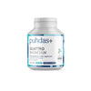 A white bottle of Puhdas+ Quattro Magnesium Capsules, featuring a blue-and-white label, vegan formula, high absorption, and Finnish origin—an ideal magnesium supplement from Puhdas+ for athletes—set against a plain background.