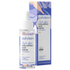 A clear dropper bottle labeled Puhdas+ Triple-Effect Hyaluronic Acid Serum & Bilberry stands before its vibrant purple and orange box, which features modern abstract designs and product information.