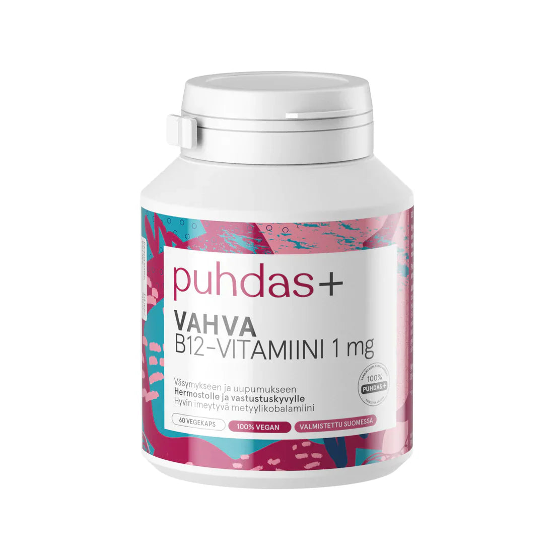 A white bottle of Puhdas+ Strong Vitamin B12 1 mg displays a vibrant pink, blue, and teal label. The methylcobalamin formula is 100% vegan, free from additives, and includes 60 vegetable capsules.
