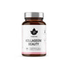 A brown glass jar with a silver lid labeled Puhdistamo Beauty Collagen by Puhdistamo, containing 120 capsules with Verisol collagen peptide and biotin, sits against a white background featuring a white and pink label with text and logos.