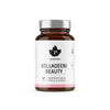 A brown glass bottle with a silver cap labeled Puhdistamo Beauty Collagen by Puhdistamo, containing 60 capsules with Verisol collagen peptides for skin, nail, and hair health. The white label features black and pink text with a leaf logo.