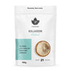 A white and light blue pouch labeled Puhdistamo Collagen Natural from Puhdistamo, featuring Finnish text about Bodybalance collagen peptides for joints and protein needs. Contains 150g, enough for 21 servings. Bowl of collagen powder shown.