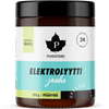 A jar of Puhdistamo Electrolyte Powder Pear, a sugar-free electrolyte powder from Puhdistamo, comes in a brown container with black lid and features a teal and white label with black text and a leaf logo. Packaging is labeled in Finnish.