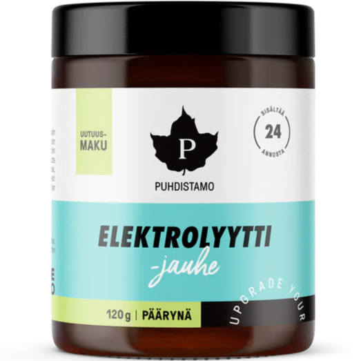 A jar of Puhdistamo Electrolyte Powder Pear, a sugar-free electrolyte powder from Puhdistamo, comes in a brown container with black lid and features a teal and white label with black text and a leaf logo. Packaging is labeled in Finnish.