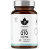 A brown glass bottle labeled Puhdistamo High-Strength Q10 Ubiquinone 150 mg by Puhdistamo, containing 60 capsules to support energy metabolism. Features a silver cap and a white label with black and green accents in Finnish.