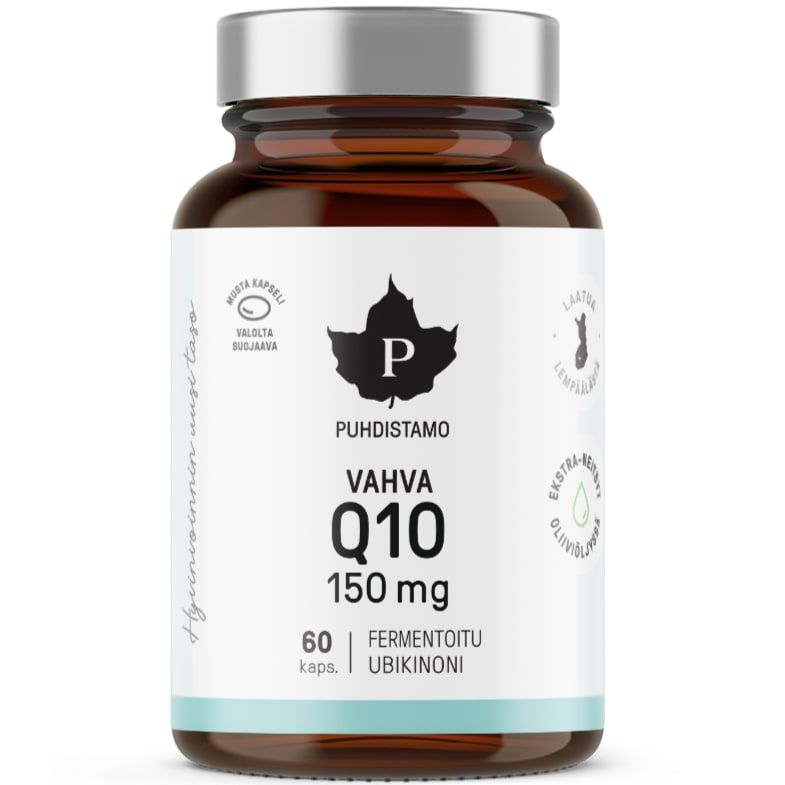 A brown glass bottle labeled Puhdistamo High-Strength Q10 Ubiquinone 150 mg by Puhdistamo, containing 60 capsules to support energy metabolism. Features a silver cap and a white label with black and green accents in Finnish.