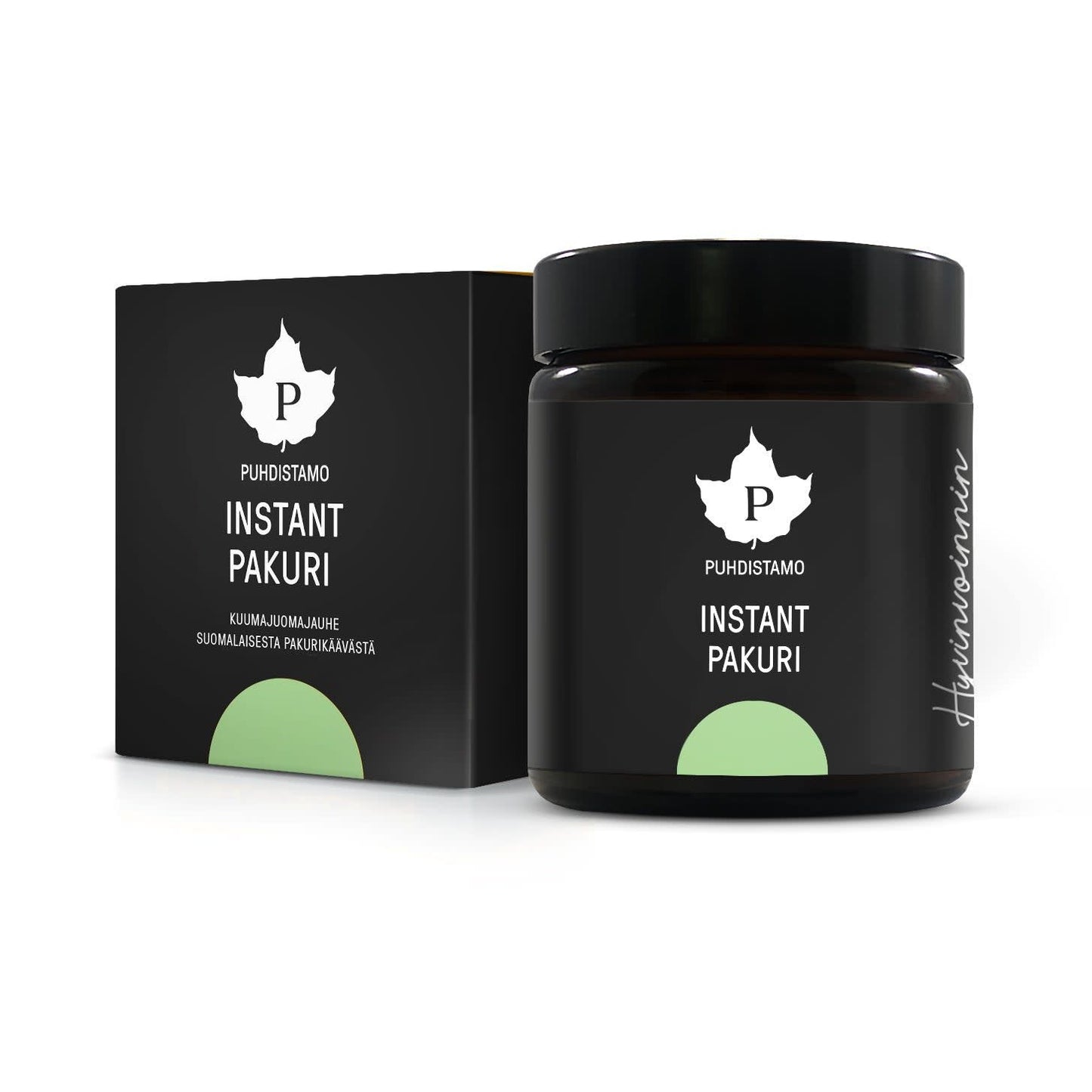 A dark jar and matching box of Puhdistamo Premium Research Instant Chaga Powder, with minimalist black packaging, white text, and leaf logo. This Finnish Puhdistamo product highlights natural Chaga mushroom benefits on its Finnish label.