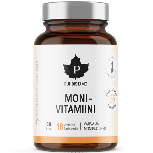 A brown glass bottle labeled Puhdistamo Multivitamin by Puhdistamo, with a white and orange label, contains 60 capsules providing 18 vitamins and minerals—including active B-vitamins—for immune support. Quality certification symbols are shown on the label.