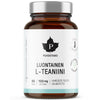 A brown glass bottle labeled Puhdistamo Natural L-Theanine by Puhdistamo, featuring a leaf logo, silver cap, and containing 60 capsules with 100 mg L-Theanine from green tea for calm focus and stress relief.