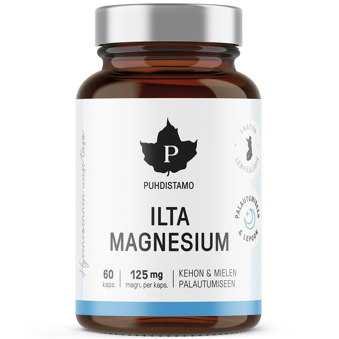 A brown glass bottle of Puhdistamo Night Magnesium by Puhdistamo with a silver cap. The white label has black and blue text and a leaf logo. Each bottle contains 60 capsules, each providing 125 mg of magnesium.