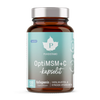 A brown glass jar with a silver lid labeled Puhdistamo OptiMSM + C by Puhdistamo. The blue and white label notes 120 capsules, providing MSM and vitamin C to support collagen for skin, hair, and nails in Finnish.