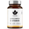 A brown glass bottle labeled Puhdistamo Super Complex B-complex, featuring a white label with a black leaf logo and Finnish text. Contains 30 capsules of a highly absorbable vitamin B supplement that supports metabolism.