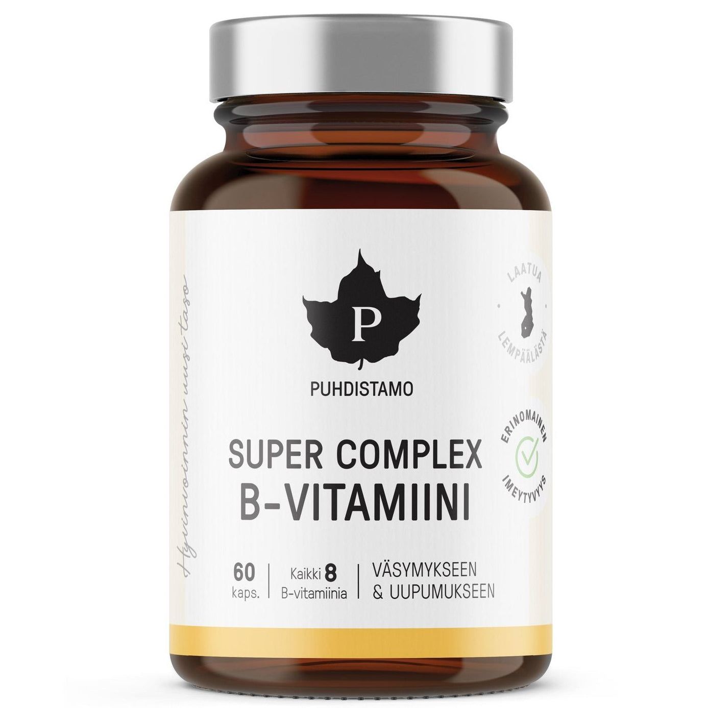 A brown glass bottle with a silver cap labeled Puhdistamo Super Complex B-complex. This highly absorbable B-vitamin supplement contains 60 capsules and features Finnish text plus black and gold design elements on the label.