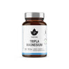 A brown glass bottle of Puhdistamo Triple Magnesium by Puhdistamo contains 120 capsules (94 mg each) with a white label, black and gray text, certification logos, and a silver cap—ideal for supporting heart health.