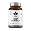 A brown glass bottle labeled Puhdistamo Triple Magnesium from Puhdistamo with a black lid. Contains 240 capsules, each with 94 mg of highly absorbable magnesium, plus Finnish text and certification symbols on a white label.