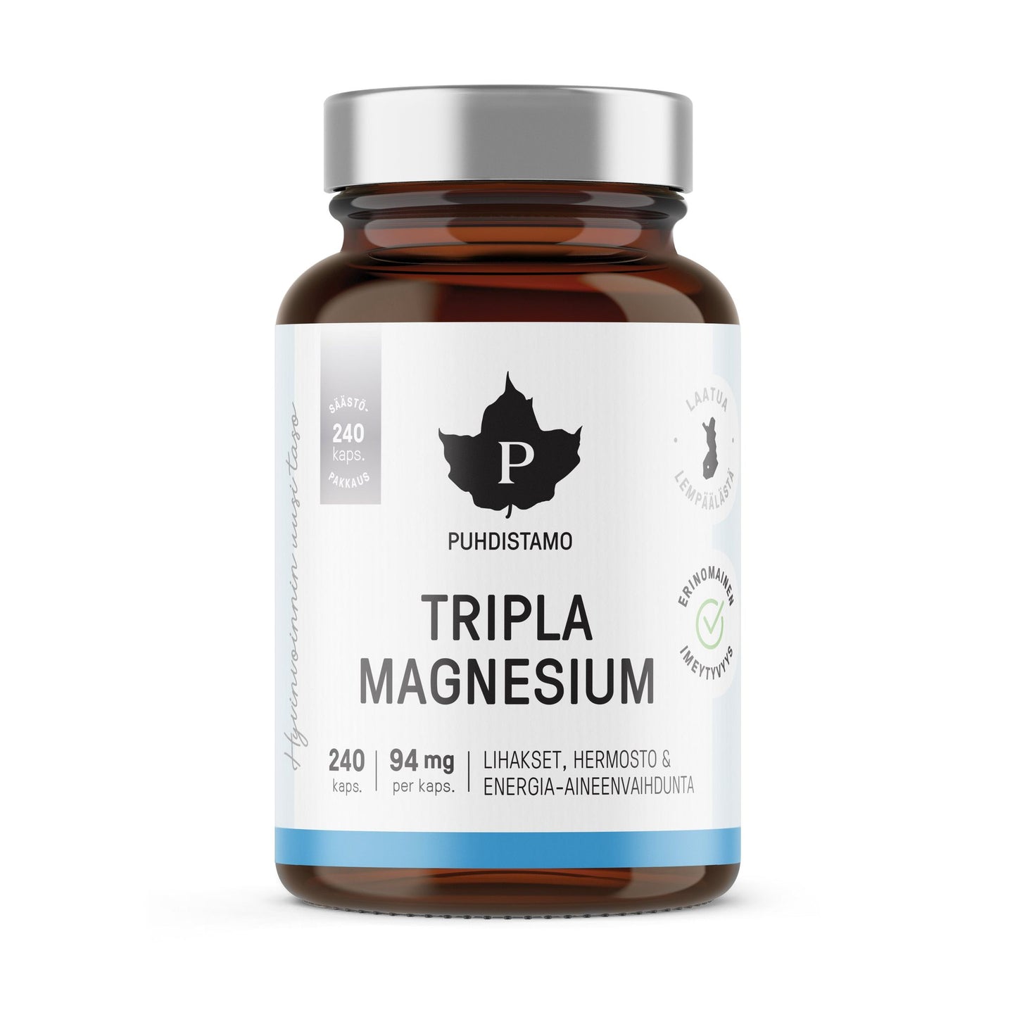 A brown glass bottle labeled Puhdistamo Triple Magnesium from Puhdistamo with a black lid. Contains 240 capsules, each with 94 mg of highly absorbable magnesium, plus Finnish text and certification symbols on a white label.