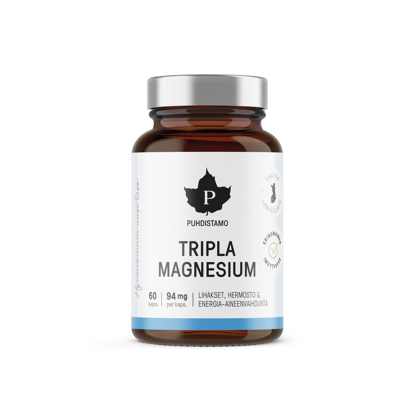 A brown glass bottle labeled Puhdistamo Triple Magnesium, a supplement with 60 capsules (94 mg each), supporting muscle, nerve, and heart health as well as energy, is shown on a white background.
