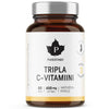 A brown glass bottle with a silver lid labeled Puhdistamo Triple Vitamin C contains 60 capsules of highly absorbable 400 mg vitamin C made from camu camu berries. The Finnish label features a clean, minimalistic design. Brand: Puhdistamo.