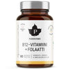 A brown glass bottle labeled Puhdistamo Vitamin B12 + Folate (60 tablets) from Puhdistamo. This vegan supplement supports energy, the nervous system, and immunity. Label is in Finnish.