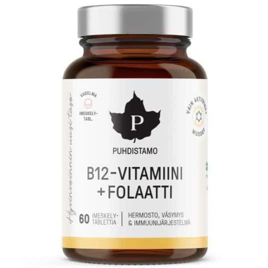 A brown glass bottle labeled Puhdistamo Vitamin B12 + Folate (60 tablets) from Puhdistamo. This vegan supplement supports energy, the nervous system, and immunity. Label is in Finnish.