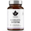 A brown glass bottle labeled Puhdistamo with a black leaf logo contains 30 capsules of Puhdistamo Digestive Enzymes, a Finnish vegan supplement. The white label features black and gray text. Supports digestion with a specialized enzyme blend.