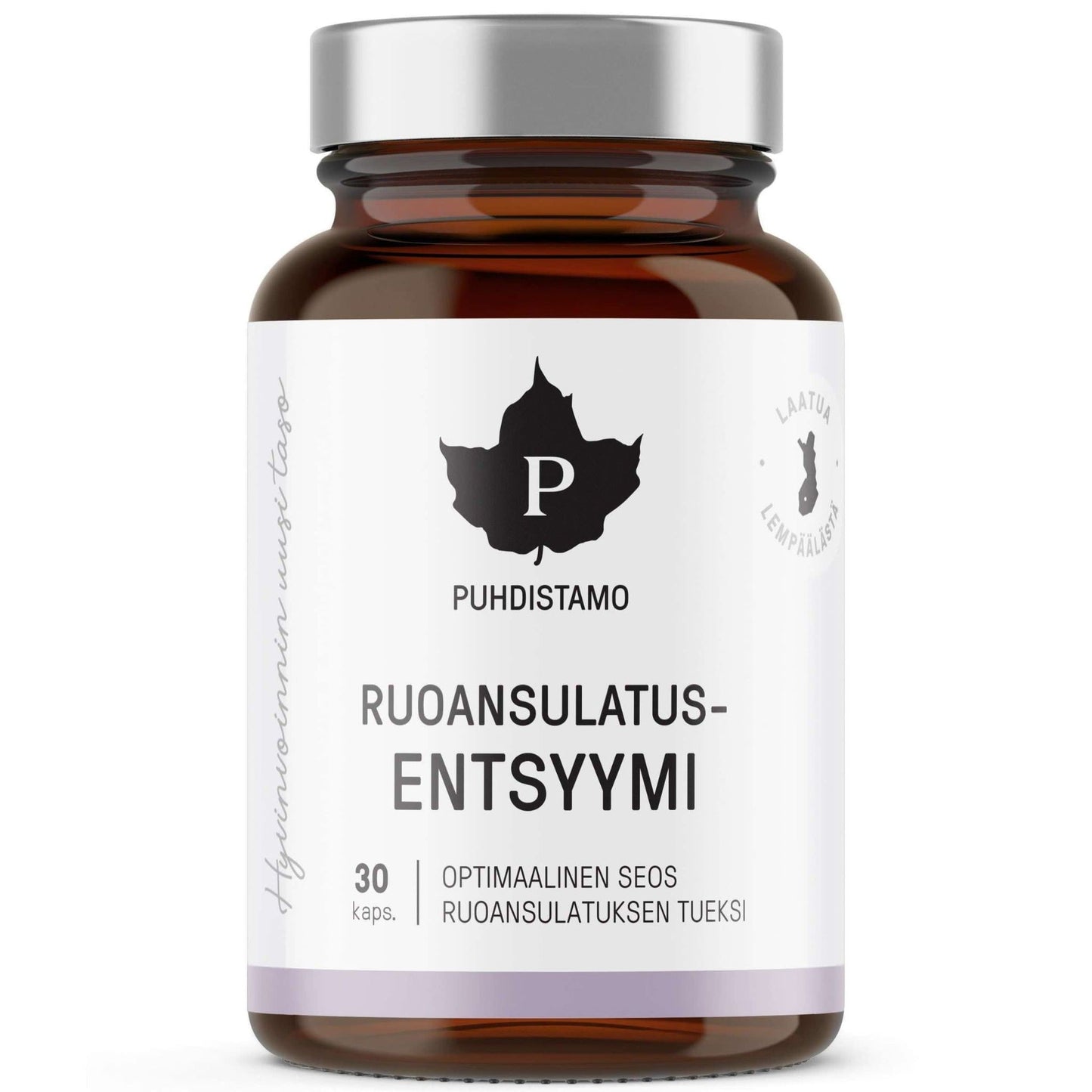 A brown glass bottle labeled Puhdistamo with a black leaf logo contains 30 capsules of Puhdistamo Digestive Enzymes, a Finnish vegan supplement. The white label features black and gray text. Supports digestion with a specialized enzyme blend.