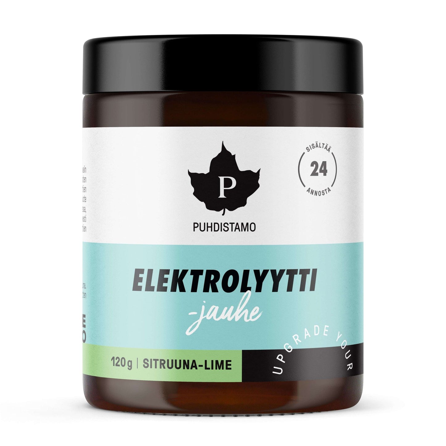 Puhdistamo Electrolyte Powder Lemon & Lime is a hydrating drink for ketogenic diets, featuring a white, light blue, and green 120g jar with 24 servings.