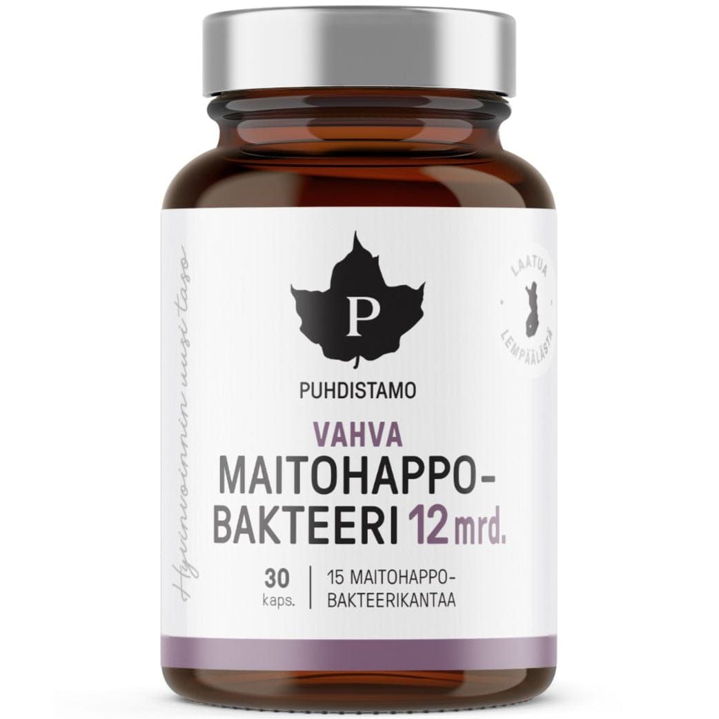 A brown glass bottle labeled Puhdistamo Strong Probiotic 12 Billion CFU by Puhdistamo, contains 30 capsules of probiotic supplement for gut health, featuring a white label with black text and a gray leaf logo.