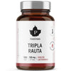 A brown glass bottle with a white label displays "Puhdistamo Triple Iron," an iron supplement from Puhdistamo featuring 120 capsules (50 mg each) with lactoferrin for better absorption. Finnish text highlights it's lactose-free and highly absorbable.